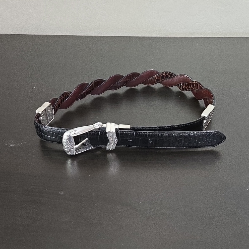 Women's Black and Brown Reversible Leather Belt Silver Flower Detail Braided S